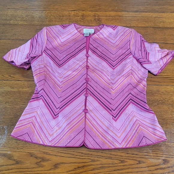 Adrianna Papell Blouse 100% Silk Pink Chevron Print Button Down Top Size 8 - Picture 1 of 6